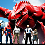 Jurassicaps Team Dynamic**

"A dynamic team shot of the Jurassicaps. Red, the courageous leader, stands prominently in the center. Wing, the intelligent strategist, is beside him, looking thoughtful. Tops, the powerful warrior, is positioned protectively, showcasing his strength. The background suggests a cityscape, hinting at their role as protectors. Emphasize their teamwork and unique personalities."

**