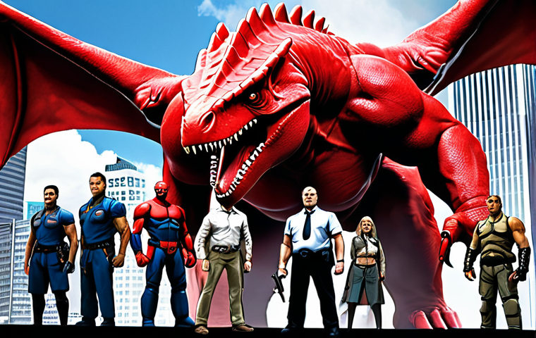 Jurassicaps Team Dynamic**
"A dynamic team shot of the Jurassicaps. Red, the courageous leader, stands prominently in the center. Wing, the intelligent strategist, is beside him, looking thoughtful. Tops, the powerful warrior, is positioned protectively, showcasing his strength. The background suggests a cityscape, hinting at their role as protectors. Emphasize their teamwork and unique personalities."
**