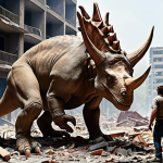 **Tricera using his horns to lift debris from a collapsed building, rescuing people.** (Focus on the Triceratops character, Tricera, using his strength to save people in a disaster scenario).