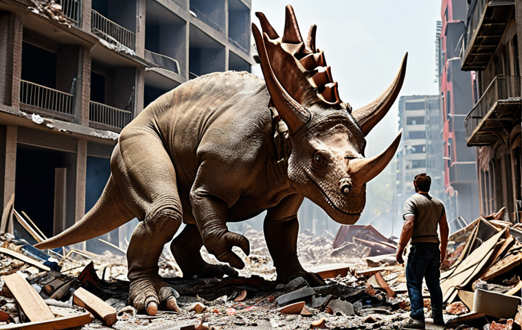 **Tricera using his horns to lift debris from a collapsed building, rescuing people.** (Focus on the Triceratops character, Tricera, using his strength to save people in a disaster scenario).