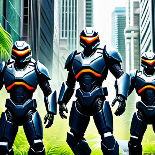 Home 11 **Prompt:** A team of heroic Jurassic Cops, dinosaur-robot hybrids fully clothed in armored gear, standing triumphantly against a backdrop of lush jungle meets futuristic city. Perfect anatomy, well-formed hands, natural body proportions, safe for work, appropriate content, fully clothed, professional, family-friendly.