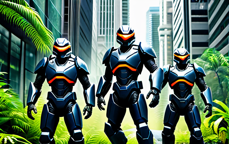 **Prompt:** A team of heroic Jurassic Cops, dinosaur-robot hybrids fully clothed in armored gear, standing triumphantly against a backdrop of lush jungle meets futuristic city. Perfect anatomy, well-formed hands, natural body proportions, safe for work, appropriate content, fully clothed, professional, family-friendly.