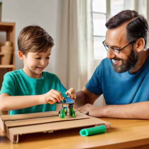 Home 18 쥬라기캅스 완구 DIY 방법 - A heartwarming scene of a caring parent and their child (around 7-8 years old boy), both fully cloth...