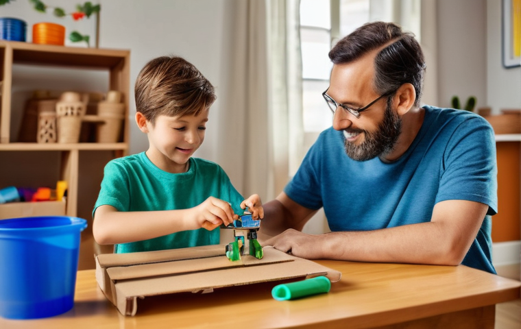 쥬라기캅스 완구 DIY 방법 - A heartwarming scene of a caring parent and their child (around 7-8 years old boy), both fully cloth...