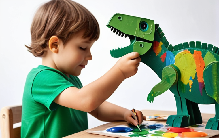 쥬라기캅스 완구 DIY 방법 - A heartwarming scene of a caring parent and their child (around 7-8 years old boy), both fully cloth...