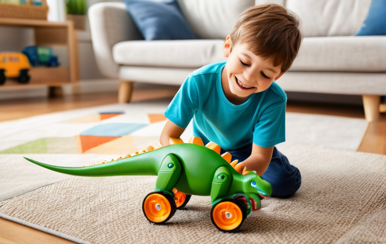 쥬라기캅스 완구 DIY 방법 - A vibrant close-up of a child (around 7-8 years old boy), wearing a paint-splattered t-shirt and sho...
